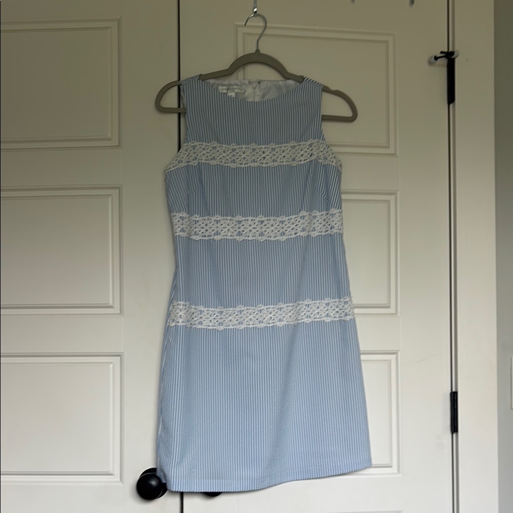 London Times Blue and White Lace Mini Dress